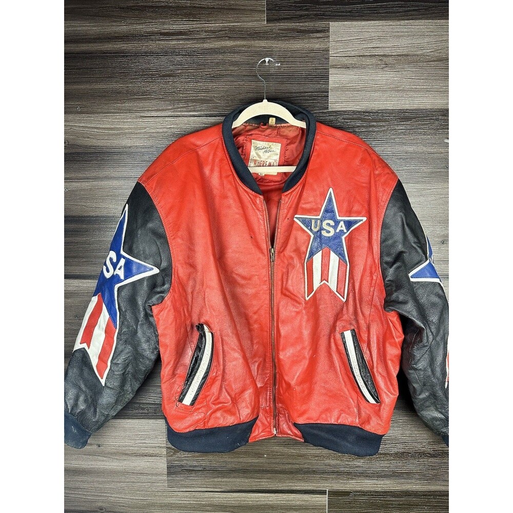 Vintage USA Michael Hoban Mens Patrotic Leather Bomber Jacket WHEREMI 1991 XL